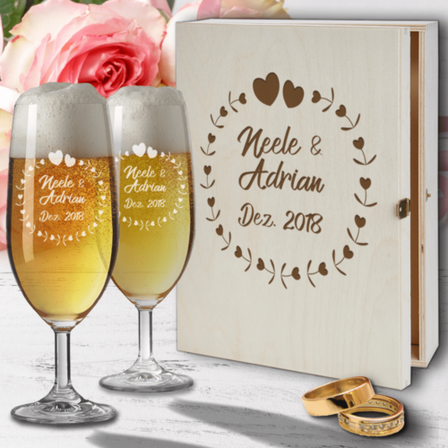 Bierglas-Set zur Hochzeit mit Namensgravur - Herzkreis