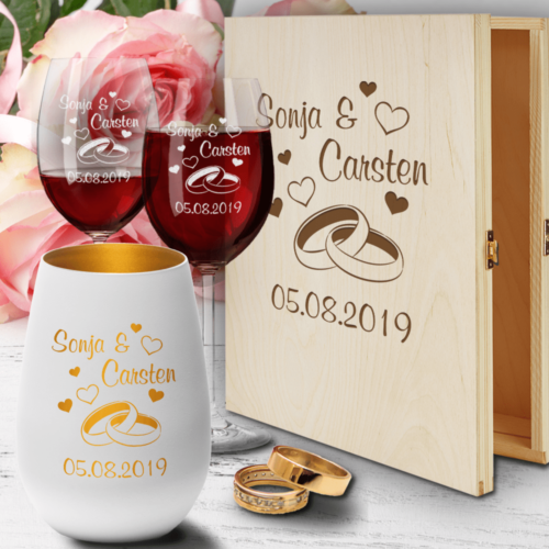 Holz-Geschenkbox zur Hochzeit mit Rotweingläsern und Windlicht -...