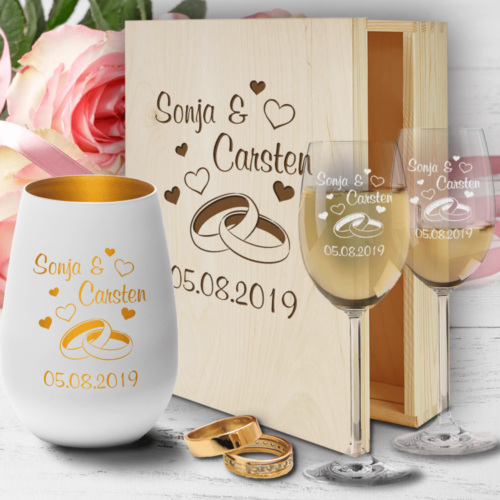 Holz-Geschenkbox zur Hochzeit mit Weißweingläsern und Windlicht -...