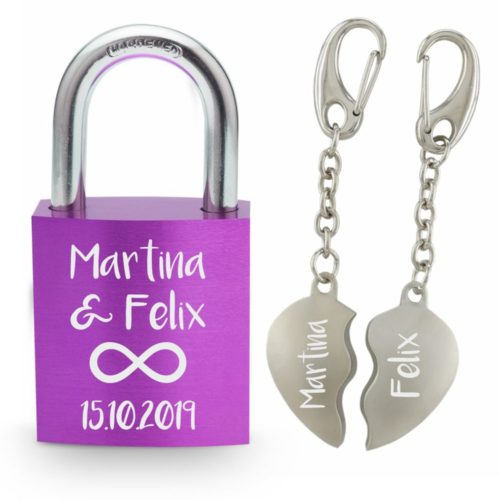 Partner-Set Liebesschloss lila + Partner-Schlüsselanhänger...