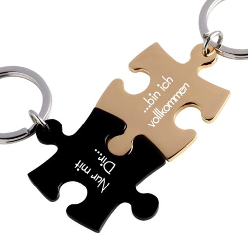 Partner-Schlüsselanhänger mit Gravur Puzzle schwarz gold