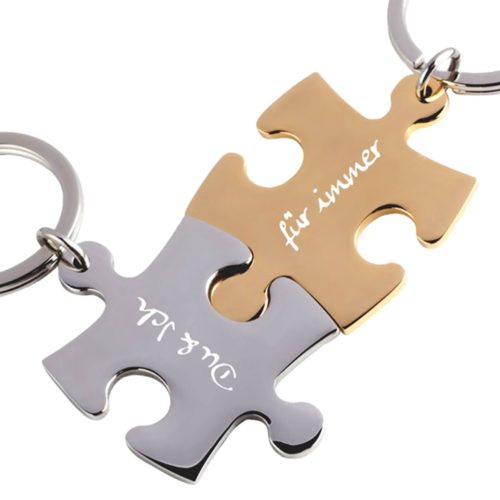 Partner-Schlüsselanhänger mit Gravur Puzzle silber gold