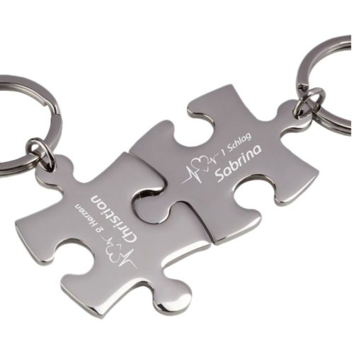 Partner-Schlüsselanhänger mit Gravur Puzzle Heartbeat silber