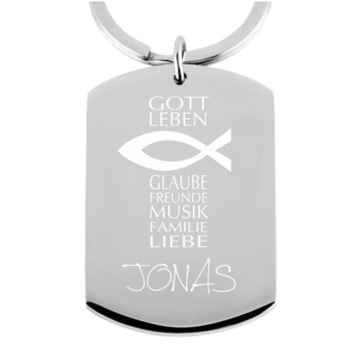 Edelstahl-Schlüsselanhänger Dog-Tag mit Gravur Fisch zur...