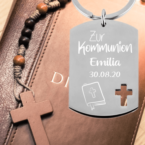 Edelstahl Schlüsselanhänger mit Gravur Dog-Tag zur Erstkommunion...