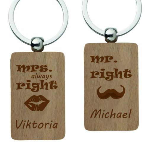 Holz-Partner-Schlüsselanhänger mit Gravur Mr right & Mrs always...