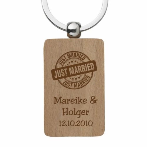Holz-Schlüsselanhänger mit Gravur zur Hochzeit- Just Married