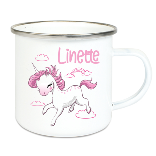 Emaille Tasse Kinder mit Deinem Namen - Einhorn Wolken