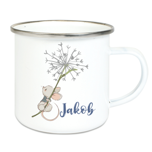 Emaille Tasse Kinder mit Deinem Namen -Pusteblume Maus