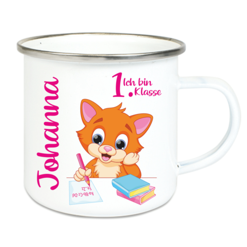 Kinder Tasse Emaille zur Einschulung Motiv Katze