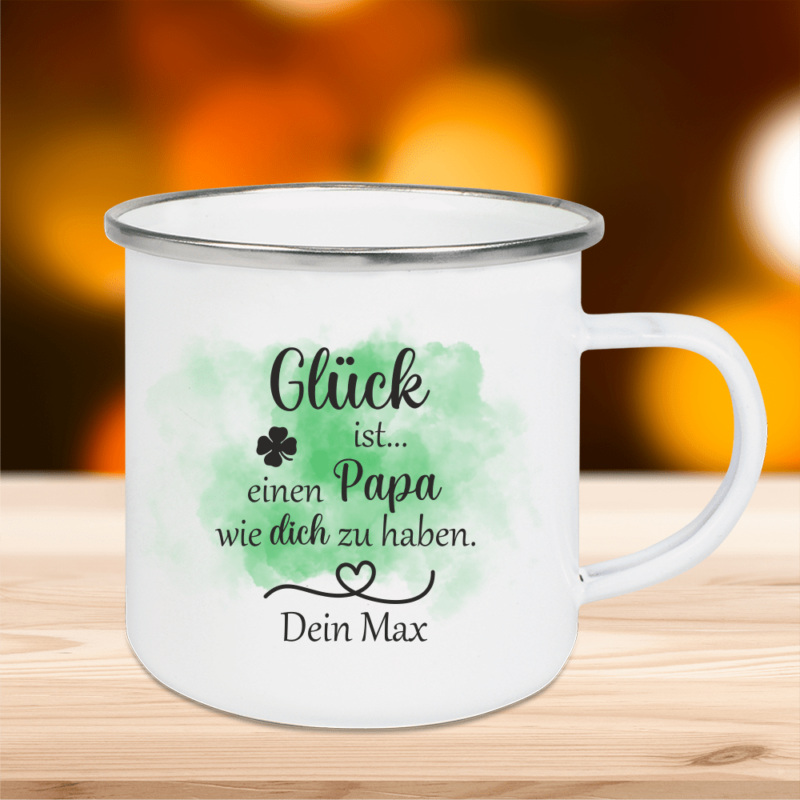 Bild von   emaille tasse glueck ist eipng | Individuelle 🎁 persönliche 🎁 personalisierte Geschenke bedruckt ▪ bestickt ▪ graviert