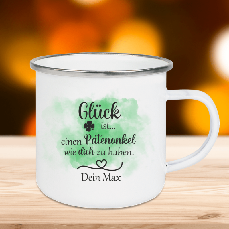 Bild von   emaille tasse glueck ist eipng | Individuelle 🎁 persönliche 🎁 personalisierte Geschenke bedruckt ▪ bestickt ▪ graviert