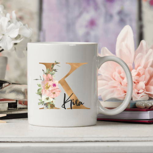 Tasse mit Buchstaben Initial Floral golden - Wunschname