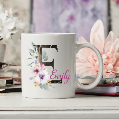 Tasse mit Buchstaben Initial Floral modern mit Wunschnamen