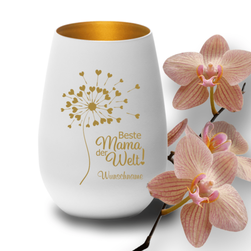 Windlicht mit Gravur Beste Mama weiss-gold