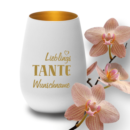 Deko-Windlicht Lieblings-Tante mit Wunschnamen in weiss-gold