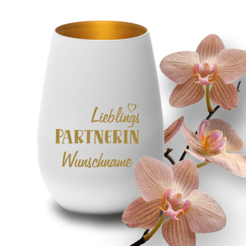 Deko-Windlicht Lieblings-Partnerin mit Wunschnamen in weiss-gold
