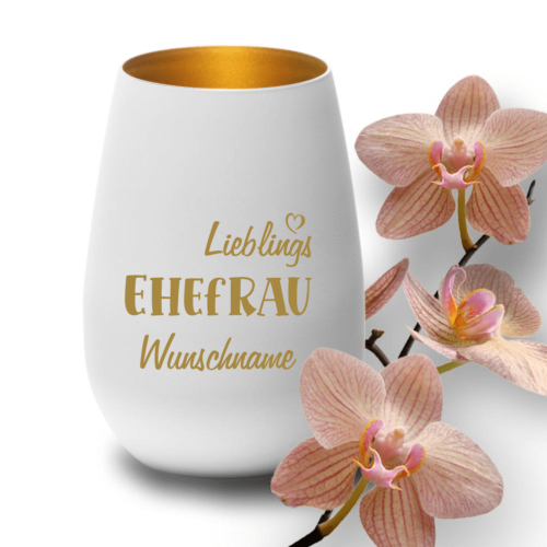 Deko-Windlicht Lieblings-Ehefrau mit Wunschnamen in weiss-gold