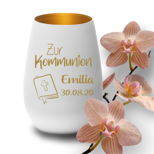 Windlicht mit Gravur weiss-gold zur Kommunion Gesangbuch