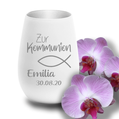 Windlicht mit Gravur weiss-silber zur Kommunion Symbol Fisch