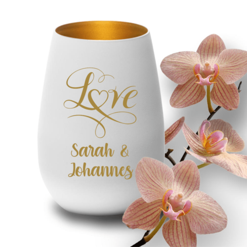 Windlicht mit Gravur weiss-gold zur Hochzeit Love