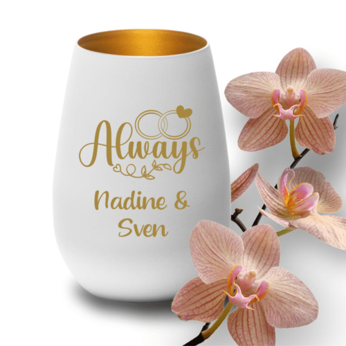 Windlicht mit Gravur weiss-gold zur Hochzeit Always