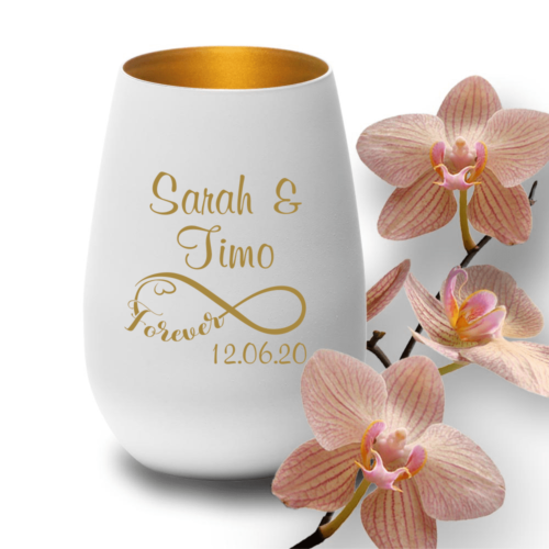 Windlicht mit Gravur weiss-gold zur Hochzeit Infinity