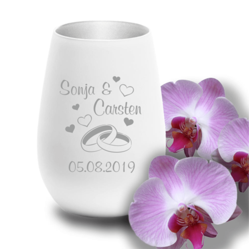 Windlicht mit Gravur zur Hochzeit Ringe Herzen