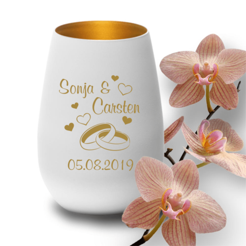 Windlicht mit Gravur zur Hochzeit Ringe Herzen weiss-gold