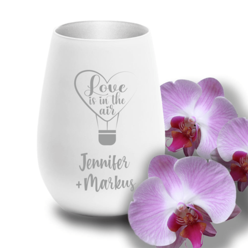 Windlicht mit Gravur Love is in the air zur Hochzeit weiss-silber