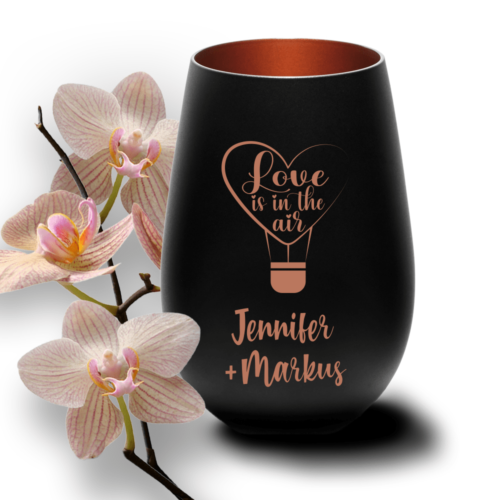 Windlicht mit Gravur Love is in the air zur Hochzeit schwarz-bronze