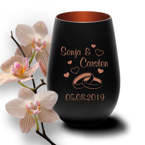 Windlicht mit Gravur zur Hochzeit Ringe Herzen schwarz-bronze