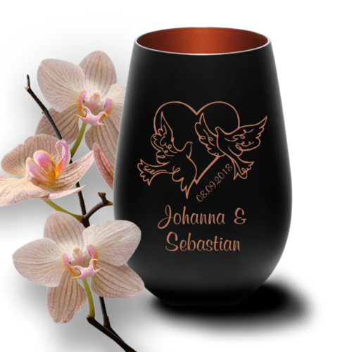 Windlicht mit Gravur Tauben schwarz-bronze zur Hochzeit