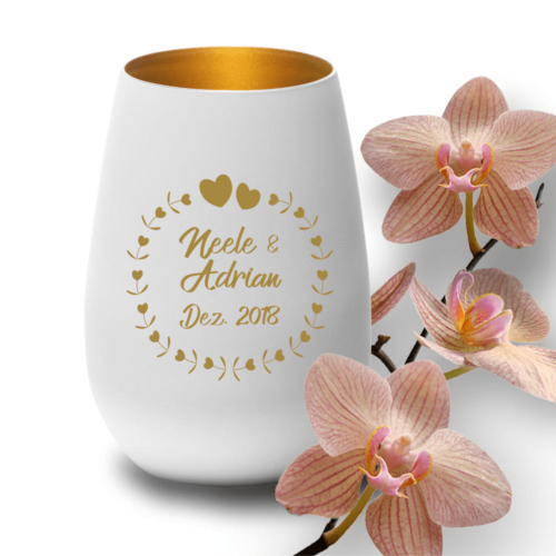 Windlicht mit Gravur zur Hochzeit Herzkreis weiss-gold