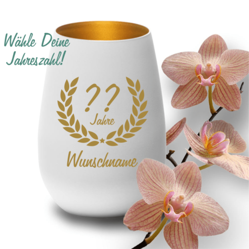 Windlicht mit Gravur weiss-gold zum Geburtstag- Wunschjahr