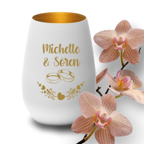 Windlicht mit Gravur zur Hochzeit Ringe 2 weiss-gold