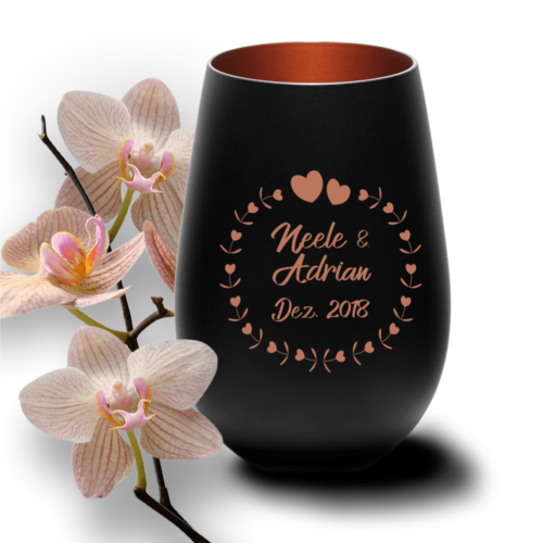 Windlicht mit Gravur zur Hochzeit Herzkreis schwarz-bronze