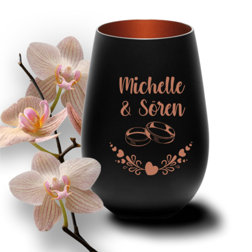 Windlicht mit Gravur zur Hochzeit Ringe 2 schwarz-bronze