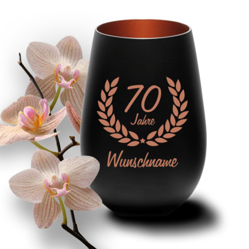 Windlicht zum 70 Geburtstag mit Wunschnamen schwarz-bronze