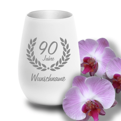 Windlicht zum 90. Geburtstag mit Wunschnamen weiss-silber