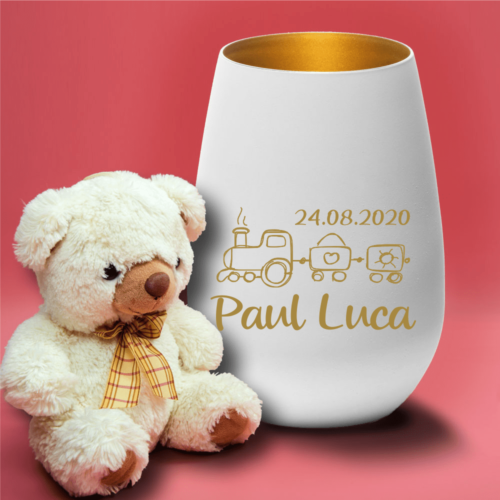 Personalisiertes Windlicht zur Geburt Zug