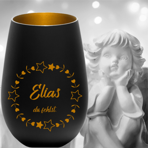Personalisiertes Windlicht Erinnerungslicht - schwarz-gold Du fehlst