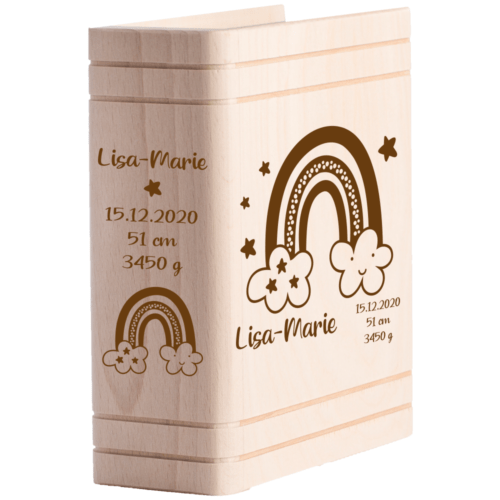 Spardose aus Holz zur Geburt - Regenbogen