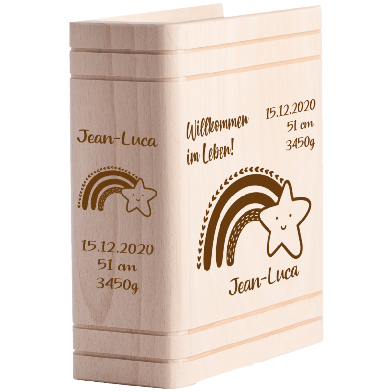 Spardose Sparbuch Holz zur Geburt - Regenbogen-Stern