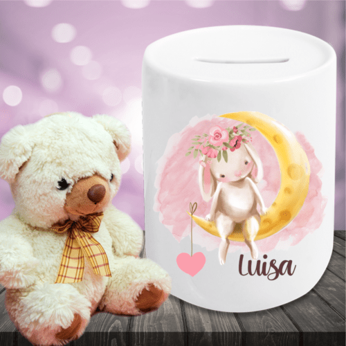 Spardose für Kinder mit Namen Häschen auf Mond