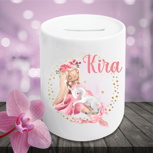 Spardose für Kinder mit Namen Prinzessin mit Einhorn