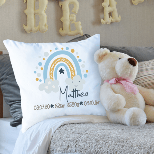 Kissen mit Namen zur Geburt Regenbogen Jungen