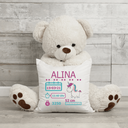 Geburtskissen Einhorn mit Wunschnamen für Mädchen