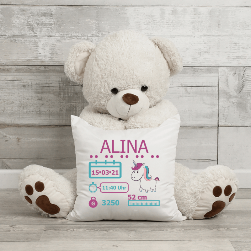 Bild von   geburtskissen einhorn mit wunspng | Individuelle 🎁 persönliche 🎁 personalisierte Geschenke bedruckt ▪ bestickt ▪ graviert