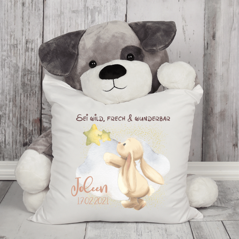 Bild von   kissen fuer kinder hase greiftpng | Individuelle 🎁 persönliche 🎁 personalisierte Geschenke bedruckt ▪ bestickt ▪ graviert